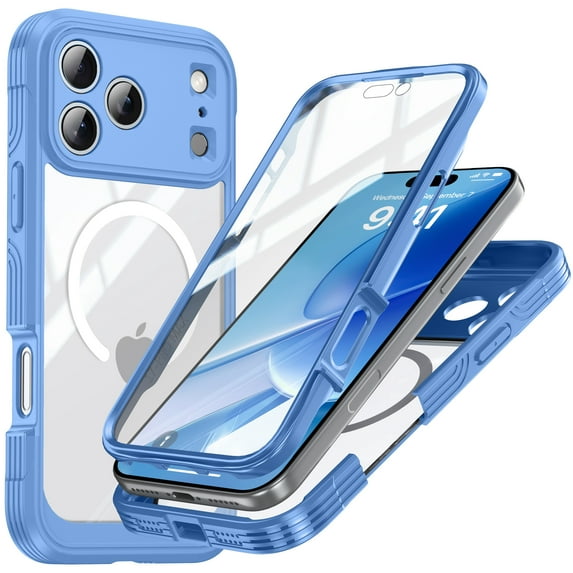 for iPhone 17 Pro Max Case, Support Magnetic Wireless Charger Full-Body Protection Shockproof Rugged Clear Bumper Frame Case Cover with Built-in Screen Protector for iPhone 17 Pro Max, Blue