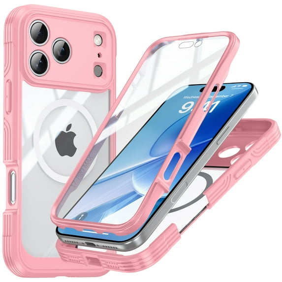 for iPhone 17 Pro Max Case, Support Magnetic Wireless Charger Full-Body Protection Shockproof Rugged Clear Bumper Frame Case Cover with Built-in Screen Protector for iPhone 17 Pro Max, Pink