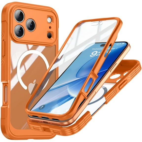 for iPhone 17 Pro Max Case, Support Magnetic Wireless Charger Full-Body Protection Shockproof Rugged Clear Bumper Frame Case Cover with Built-in Screen Protector for iPhone 17 Pro Max, Orange