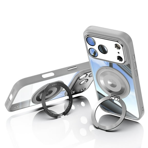 For iPhone 17 Pro Max Case with Tempered Glass Camera Lens Protector, Ring Holder Kickstand Shockproof Scratch Resistant Anti-Yellow Clear Back Case Cover for Apple iPhone 17 Pro Max,Gray