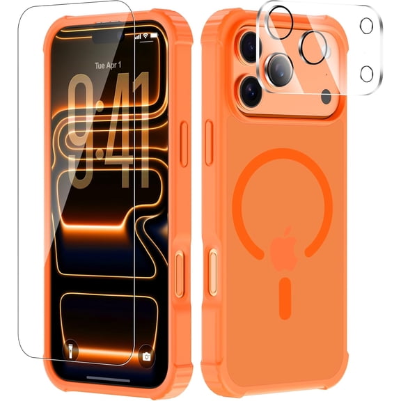 for iPhone 17 Pro Max Case with Tempered Glass Screen Protector & Lens Protector, Compatible with MagSafe, Military-Grade 4-Corner Shockproof, Magnetic Translucent Matte Orange Case