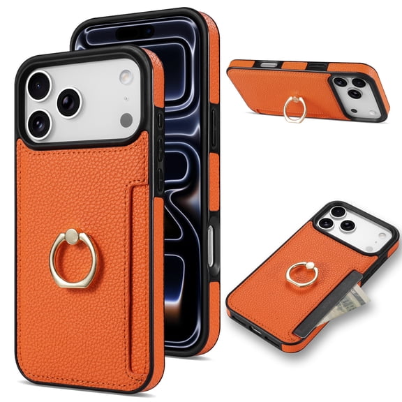 for iPhone 17 Pro Max Case Wallet,360°Rotation Ring Kickstand,RFID Blocking Card Slots Holder, Magnetic Clasp Back Flip PU Leather Fashion Shockproof Cover for iPhone 17 Pro Max,Orange