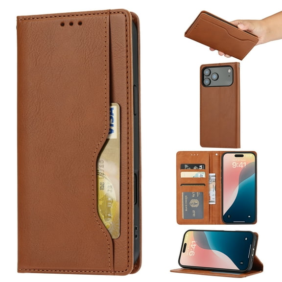 for iPhone 17 Pro Max Case Wallet, Business Design with Card Slot Photo Kickstand Magnetic Soft PU Leather Flip Fold Case for iPhone 17 Pro Max Wallet Case, Brown