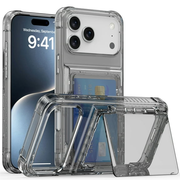 for iPhone 17 Pro Max Case Wallet Case Clear with Credit Card Holder ID Card Slot Bracket Heavy Duty Protection Shockproof Anti-Scratch Anti-Yellow Cover for Women Men for iPhone 17 Pro Max - Black