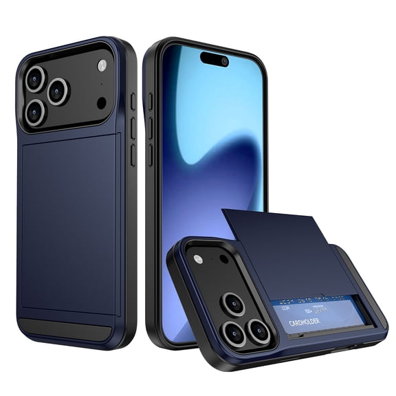 for iPhone 17 Pro Max Case Wallet Credit Card Holder ID Slot Sliding Door Hidden Pocket Men Women Anti-Scratch Dual Layer Hybrid Bumper Armor Protective Shell Back Cover,Darkblue