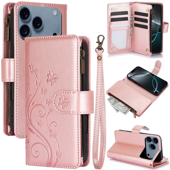 For iPhone 17 Pro Max Case Wallet Flip with Card Holder and Wrist Strap,Butterfly Floral Pattern Cover Case, Durable Leather Kickstand Magnetic Clasp Shockproof Phone Case for Women,Pink