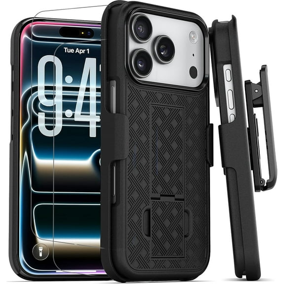 For iPhone 17 Pro Max Case,With Belt Clip Holster Combo Kickstand Rotating Swivel Rugged Shockproof Cover,2X Screen Protector,Heavy Duty Shell For iPhone 17 Pro Max Black
