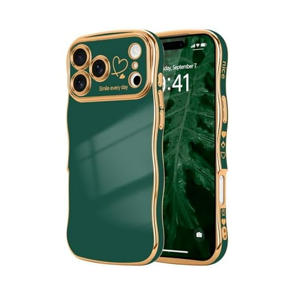 for iPhone 17 Pro Max Case for Women Girls, Cute Wave Frame Curly Shape with Love Heart Raised Camera Protection Cover Luxury Plating Shockproof Phone Case for iPhone 17 Pro Max, Dark Green