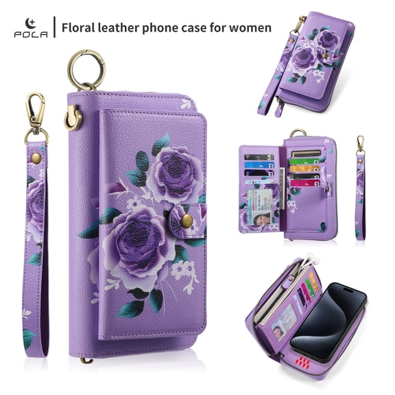 for iPhone 17 Pro Max Case with Wrist Strap, Detachable Wallet [Compatible with Magsafe] RFID Blocking Card Holder Slots Magnetic PU Leather Zipper Purse Cover with Ring Hook for Women,Purple