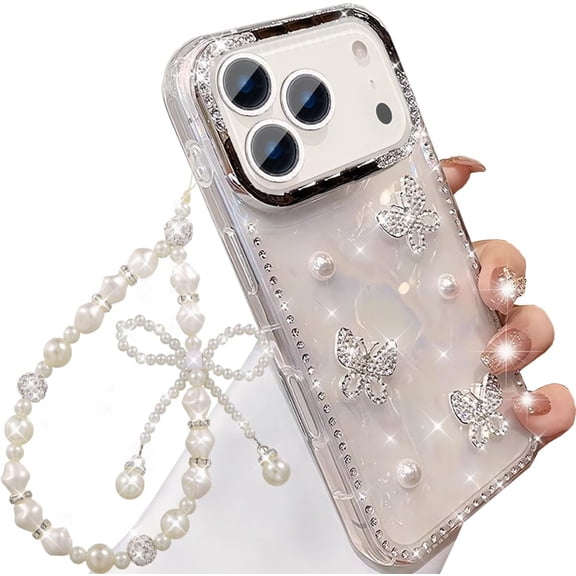for iPhone 17 Pro Max Case with Wrist Strap Lanyard Luxury Sparkle Sparkly Shiny 3D Bling Glitter Crystal Rhinestone Diamond Butterfly Pearl Cover for Women Girls Phone Case 6.9 inch