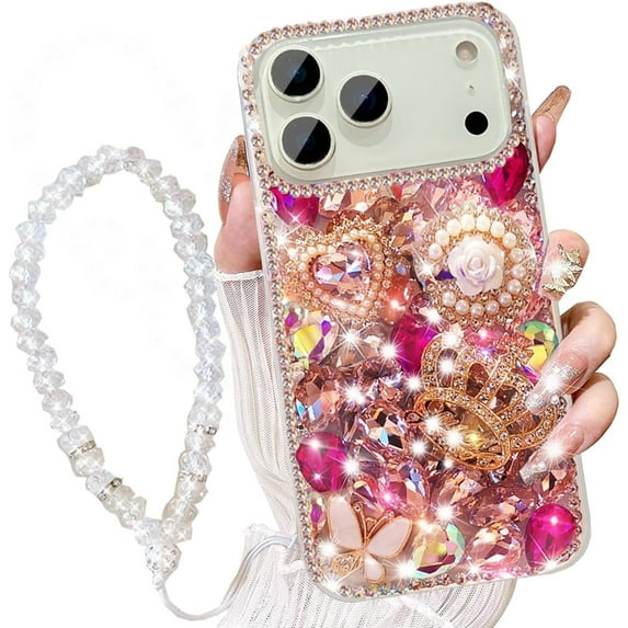 for iPhone 17 Pro Max Case with Wrist Strap Lanyard for Women Girls 3D Bling Shiny Rhinestone Diamond Crystal Pearl Handmade Glitter Cute Cover Phone Case 6.9'', Hot Pink