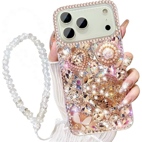 for iPhone 17 Pro Max Case with Wrist Strap Lanyard for Women Girls 3D Bling Shiny Rhinestone Diamond Crystal Pearl Handmade Glitter Cute Cover Phone Case 6.9'', Silver