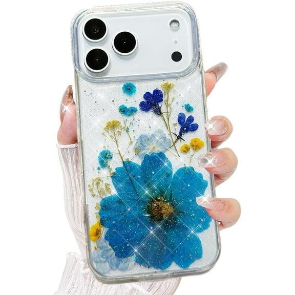 for iPhone 17 Pro Max Clear Case with Pressed Real Flower Design, Cute Preserved Flowerl Case Slim Soft TPU Shockproof Protective Women Girls Phone Cover for iPhone 17 Pro Max 6.9 inch, Blue