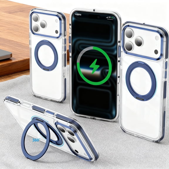 for iPhone 17 Pro Max Clear Case, with Rotatable Ring Stand, Compatible with Mag-Safe, Military Drop Protection, Transparent Slim Phone Cover for iPhone 17 Pro Max with Kickstand, Darkblue