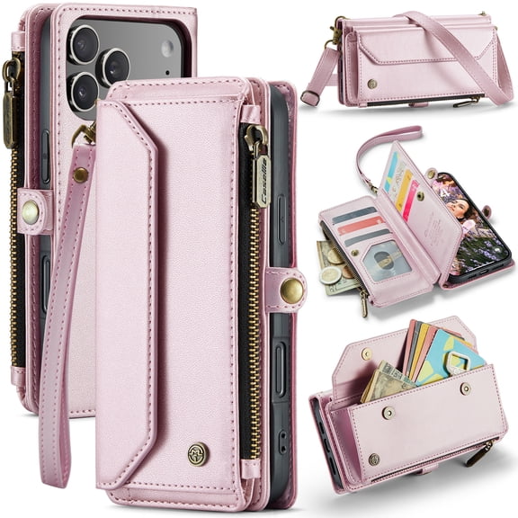 For iPhone 17 Pro Max Crossbody Wallet Case, with 10 Card Slots, Zipper RFID Blocking Pocket and Magnetic Flip Folio 3-in-1 PU Leather Wristlet Shoulder Strap Case,Pink