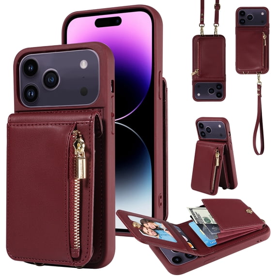 For iPhone 17 Pro Max Crossbody Wallet Phone Case with Hand Strap & Shoulder Strap,Premium PU Leather RFID Blocking Card Slots Zipper Pocket Back Purse Kickstand Phone Case,Winered
