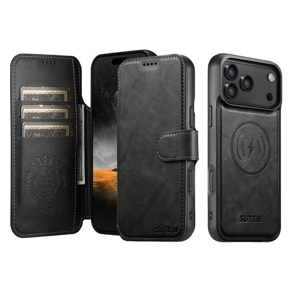 for iPhone 17 Pro Max Detachable Wallet Case, PU Leather Magnetic Cover Support Wireless Charging & Magnetic Car Mount, Card Slots Holder, Flip Stand, Folio Full Body Protective Phone Shell, Black