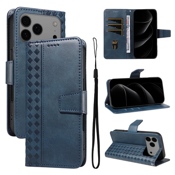 for iPhone 17 Pro Max Flip Case with Cash Slot Credit Card Slots Kickstand PU Leather Shockproof Lightweight Full Body Protective Magentic Clasp Rugged Case Cover with Wrist Strap, Blue