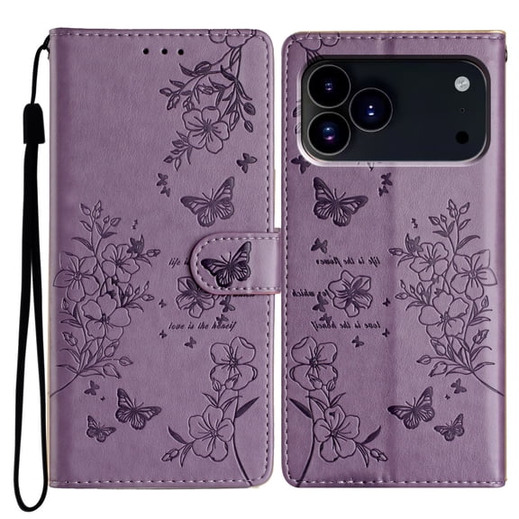 for iPhone 17 Pro Max Flip Case with Credit Card Slots, Flower Butterfly Embossed PU Leather Shockproof Cash Pocket Protective Wrist Strap Kickstand Wallet Case Cover for iPhone 17 Pro Max, Purple