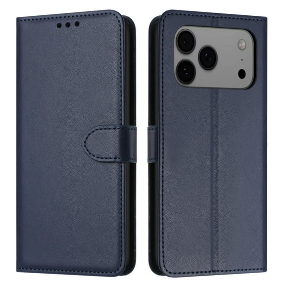 for iPhone 17 Pro Max Flip Wallet Case — Premium PU Leather TPU Protective Cover with Credit Card Slots Cash Slot Magnetic Anti-Scratch Shock-Absorbent Kickstand Wrist Strap Phone Case, Blue