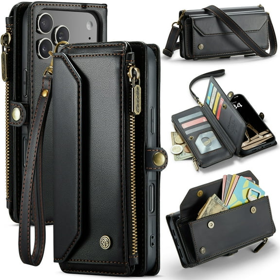 for iPhone 17 Pro Max Full Body Protection Wallet Folio Flip Case, Shoulder Strap & Wristlet Card Slots Zipper Pocket RFID Blocking Rugged Durable PU Leather Phone Case Cover, Black