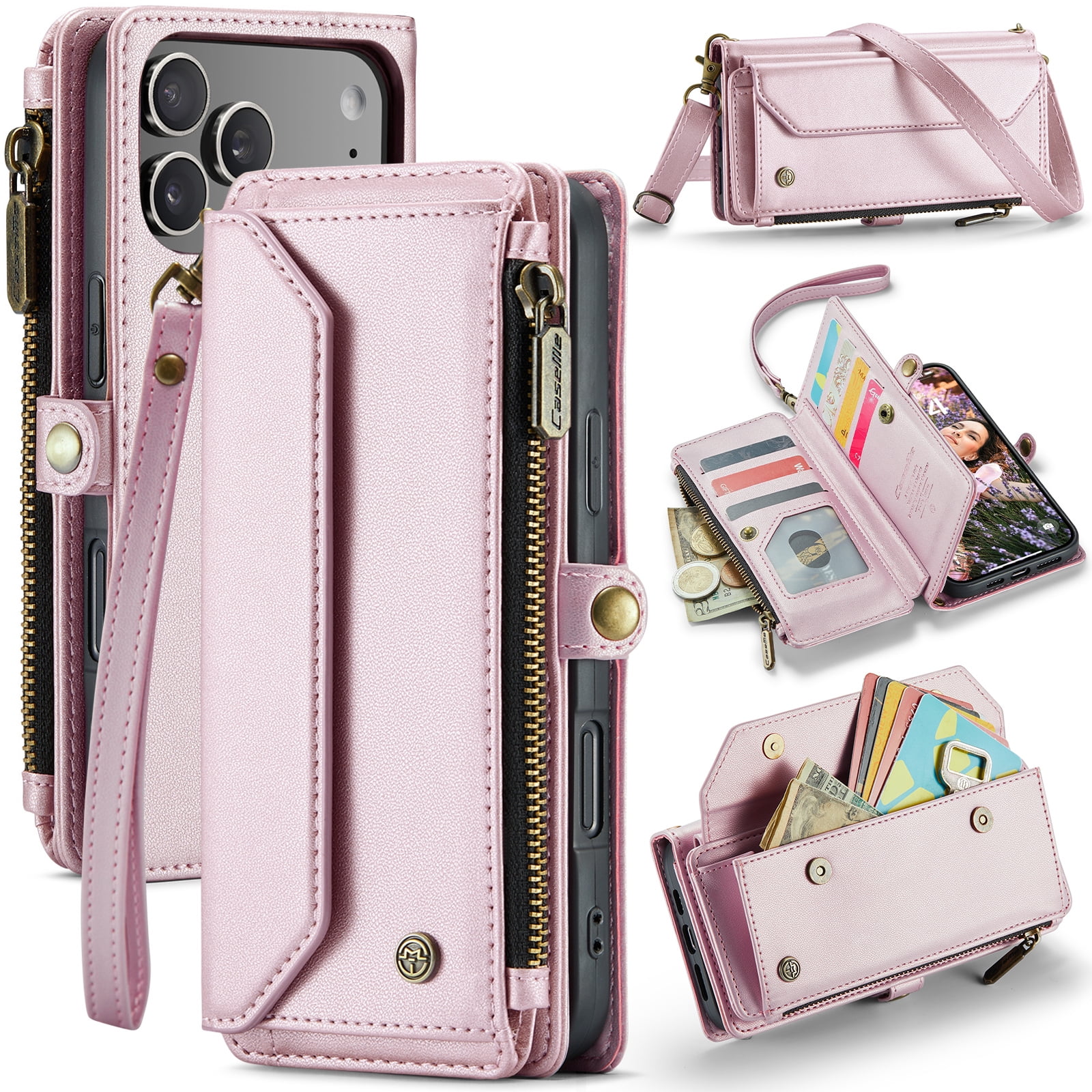 for iPhone 17 Pro Max Full Body Protection Wallet Folio Flip Case, Shoulder Strap & Wristlet Card Slots Zipper Pocket RFID Blocking Rugged Durable PU Leather Phone Case Cover, Pink