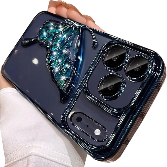 for iPhone 17 Pro Max Glitter 3D Butterfly Case,Cute Luxury Bling Sparkle Liquid Flowing Clear Cover with Camera Lens Protector Plating Bumper Women Girls Case for iPhone 17 Pro Max 6.9",Blue