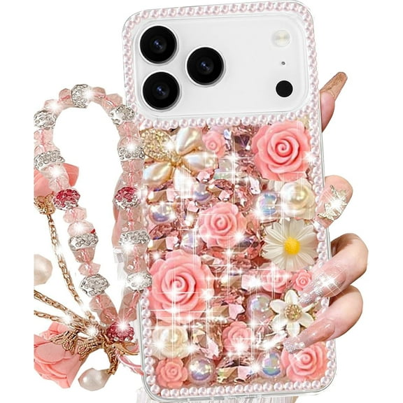 for iPhone 17 Pro Max Glitter Bling Case,Cute Luxury 3D Sparkle Crystal Rhinestones Flowers Diamond Pearl Gems with Lanyard Wrist Strap Women Girls Phone Case for iPhone 17 Pro Max 6.9", Pink