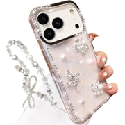 for iPhone 17 Pro Max Glitter Butterfly Case,Cute Girly 3D Pearl Crystal Diamond Bling Sparkle with Wrist Strap Chain Soft TPU Aesthetic Women Girl Phone Case for iPhone 17 Pro Max 6.9",White