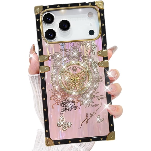 For iPhone 17 Pro Max Glitter Case with Kickstand, Cute Bling Diamonds Butterfly Foldable Stand Shockproof Marble Shell Aurora Floral Pattern Girl Woman Soft Cover for iPhone 17 Pro Max, Pink