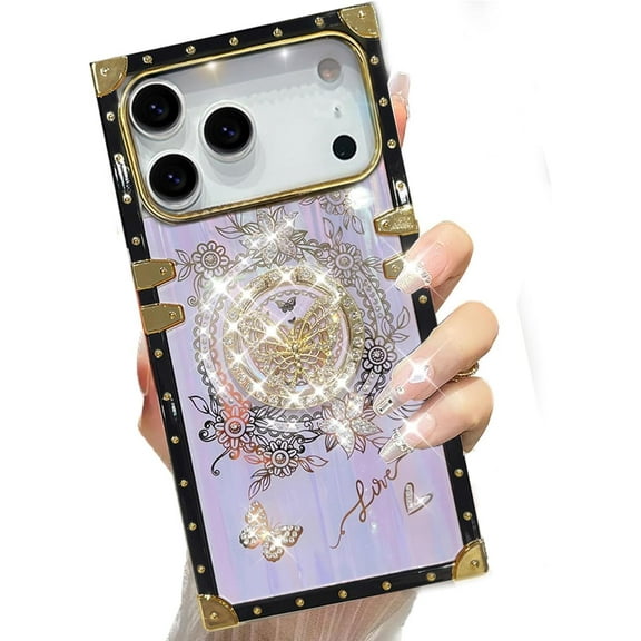For iPhone 17 Pro Max Glitter Case with Kickstand, Cute Bling Diamonds Butterfly Foldable Stand Shockproof Marble Shell Floral Pattern Girl Woman Soft Cover for iPhone 17 Pro Max 6.9", Purple