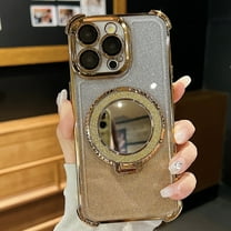 for iPhone 17 Pro Max Glitter Magnetic Stand Case, Luxury Bling Sparkle with Camera Lens Protector Ring Kickstand Plating Bumper Frame Shockproof Women Girls Case with Make-up Mirror, Gold