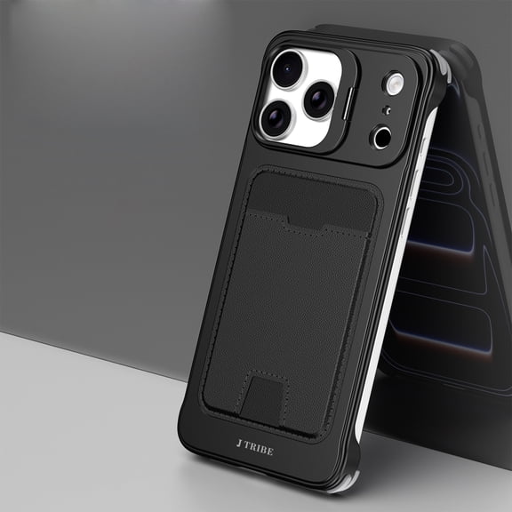 for iPhone 17 Pro Max Glossy PC Frameless Back Case, RFID Blocking PU Leather Back Card Slot Camera Frame Kickstand Ultra Slim Protective Borderless Phone Cover for iPhone 17 Pro Max, Black