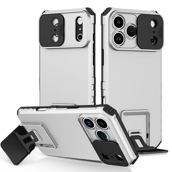 For iPhone 17 Pro Max Hard PC Case with Slide Camera Lens Cover, Military Grade Drop Protection Heavy Duty Shockproof with Multi-angle Kickstand Rugged Case for iPhone 17 Pro Max,White