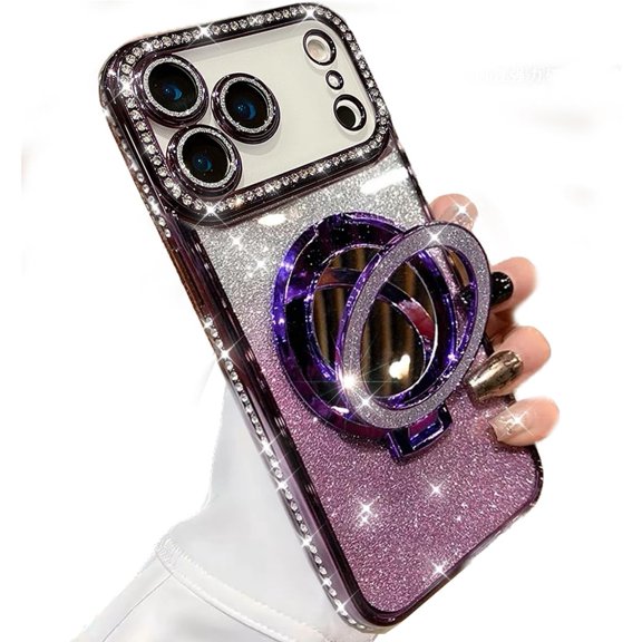 for iPhone 17 Pro Max KickStand Case, [Compatible with Magsafe] Shockproof Glitter Makeup Mirror Ring Holder Camera Lens Protector Cute Bling Cover for Girls Woman for 17 Pro Max 6.9", Purple