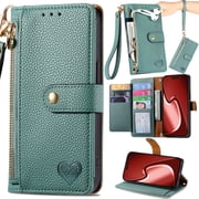 for iPhone 17 Pro Max Leather Phone Case Wallet Zipper Pocket Cowhide Pattern Folio Flip Cover, RFID Anti-theft Card Holder Cash Slot, Double Magnetic Buckle, Wrist Strap