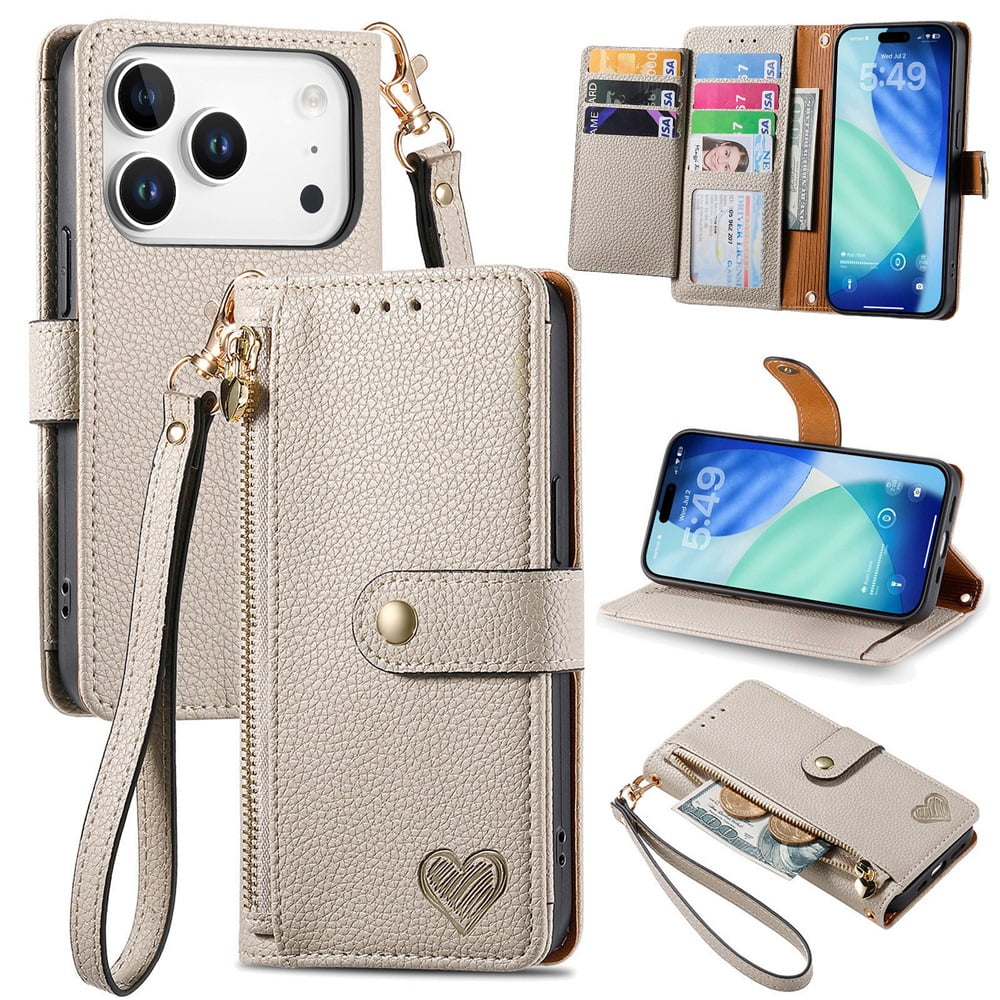 For iPhone 17 Pro Max Leather Phone Case Wallet Zipper Pocket Pouch Folio Flip Cover Kickstand, Multi Anti-theft Card Holder Cash Slot, Double Magnetic Buckle, Wrist Lanyard,Gray