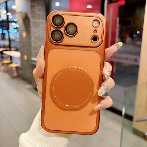 for iPhone 17 Pro Max Magnetic Case, Compatible with Magsafe Shockproof Cute Plating Clear Cover Girls Women with Makeup Mirror Ring Kickstand & Camera Lens Protector for iPhone 17 Pro Max, Orange