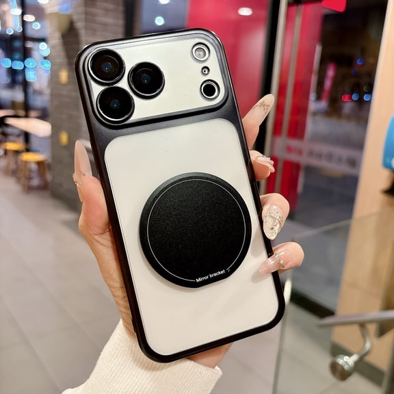 for iPhone 17 Pro Max Magnetic Case, Compatible with Magsafe Shockproof Cute Plating Clear Cover Girls Women with Makeup Mirror Ring Kickstand & Camera Lens Protector for iPhone 17 Pro Max, Black