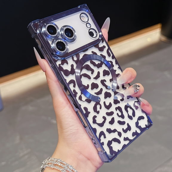 for iPhone 17 Pro Max Magnetic Case, Luxury Leopard Print Pattern Plating Phone Case with Glitter Bling Lens Circle, Support Wireless Charging, Clear Shockproof Back Cover for Women Girls, Blue