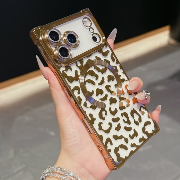 for iPhone 17 Pro Max Magnetic Case, Luxury Leopard Print Pattern Plating Phone Case with Glitter Bling Lens Circle, Support Wireless Charging, Clear Shockproof Back Cover for Women Girls, Gold