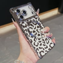 for iPhone 17 Pro Max Magnetic Case, Luxury Leopard Print Pattern Plating Phone Case with Glitter Bling Lens Circle, Support Wireless Charging, Clear Shockproof Back Cover for Women Girls, Silver