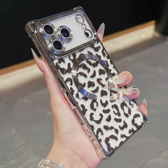 for iPhone 17 Pro Max Magnetic Case, Luxury Leopard Print Pattern Plating Phone Case with Glitter Bling Lens Circle, Support Wireless Charging, Clear Shockproof Back Cover for Women Girls, Silver