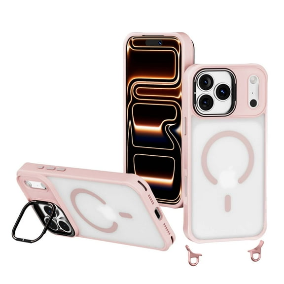 for iPhone 17 Pro Max Magnetic Case with Stand & 8mm Shoulder Strap, Compatible with Mag-Safe, Crossbody Phone Case with Adjustable Lanyard, Shockproof Hybrid Cover for iPhone 17 Pro Max, Pink