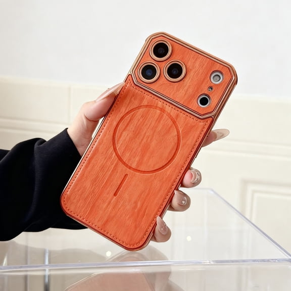 for iPhone 17 Pro Max Magnetic Case, Wooden Pattern PU Leather Magnetic Phone Cover Compatible with Mag-Safe, Military Grade Drop Protection Plating Edge Phone Case for iPhone 17 Pro Max, Orange