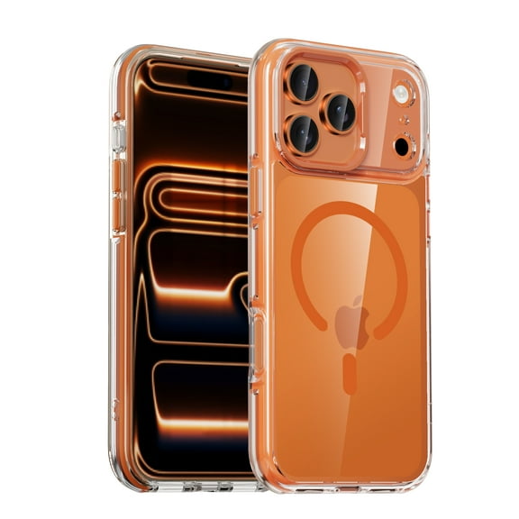 For iPhone 17 Pro Max Magnetic Clear Case, [Compatible with MagSafe] Slim Transparent Shockproof Cover with 360° Rotatable Metal Ring Stand TPU + Hard PC Protective Case,Orange