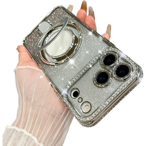 for iPhone 17 Pro Max Magnetic Glitter Case [Compatible with MagSafe] Women Girls Bling Rhinestone Case with Stand Luxury Diamond Camera Protection Shockproof Case for iPhone 17 Pro Max