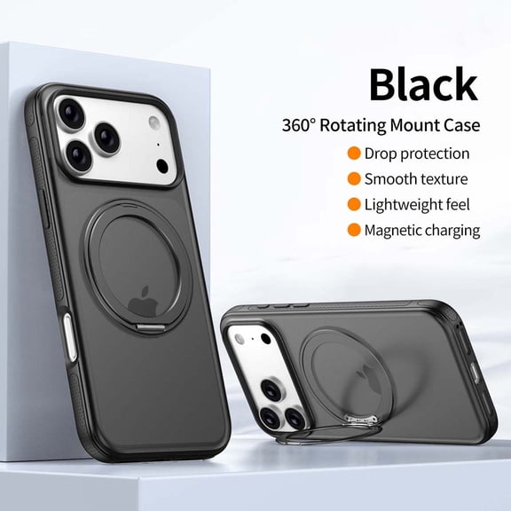 For iPhone 17 Pro Max Magnetic Phone Case,360° Rotatable Ring Kickstand,Anti-fingerprint Matte Translucent Back,Compatible with Mag-Safe,Ultra Slim Shockproof Anti-fall Thin Fit Phone Case,Black