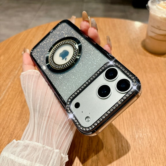 For iPhone 17 Pro Max Magnetic Phone Case,Compatible with Mag-Safe,Luxury Gradient Glitter Back,Logo View Design,Bling Diamond Shockrpoof Ultra Slim Rugged Electroplated Phone Case,Black