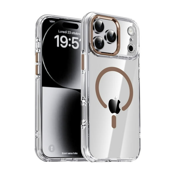 For iPhone 17 Pro Max Magnetic Phone Case,Crystal Clear Back,Compatible with Mag-Safe,Not Yellowing,Anti-Scratch Shockproof Protective Ultra Slim Rugged Transparent Phone Case,Gold